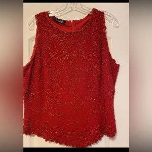 Ladies red eveningwear/beaded cocktail blouse top. Sz L. Measurements in photos.